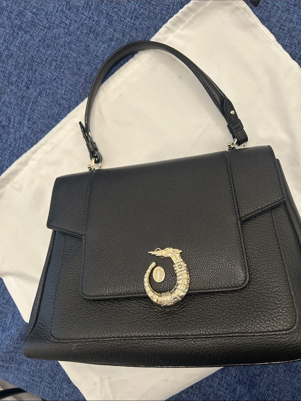 Trussardi Black Leather Top-Handle Satchel with Gold Snake Detail